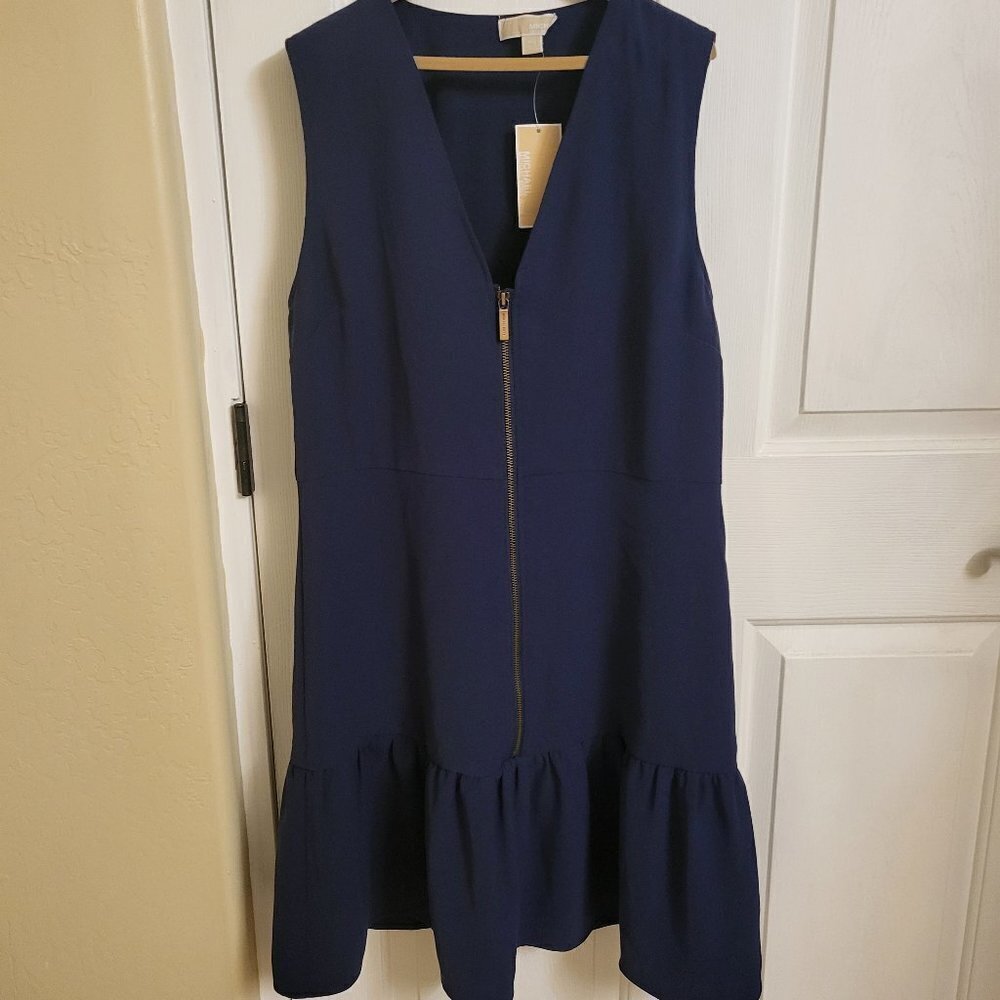 Michael Kors Blue zip down front sleeveless dress with bottom ruffle PS - NWT